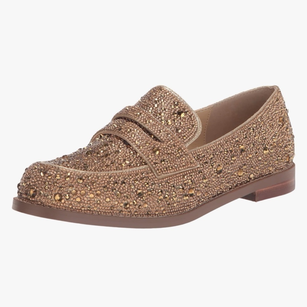 NEW Betsey Johnson Aron Gold Rhinestone Bedazzled Loafers Block Heel Slip On 6
